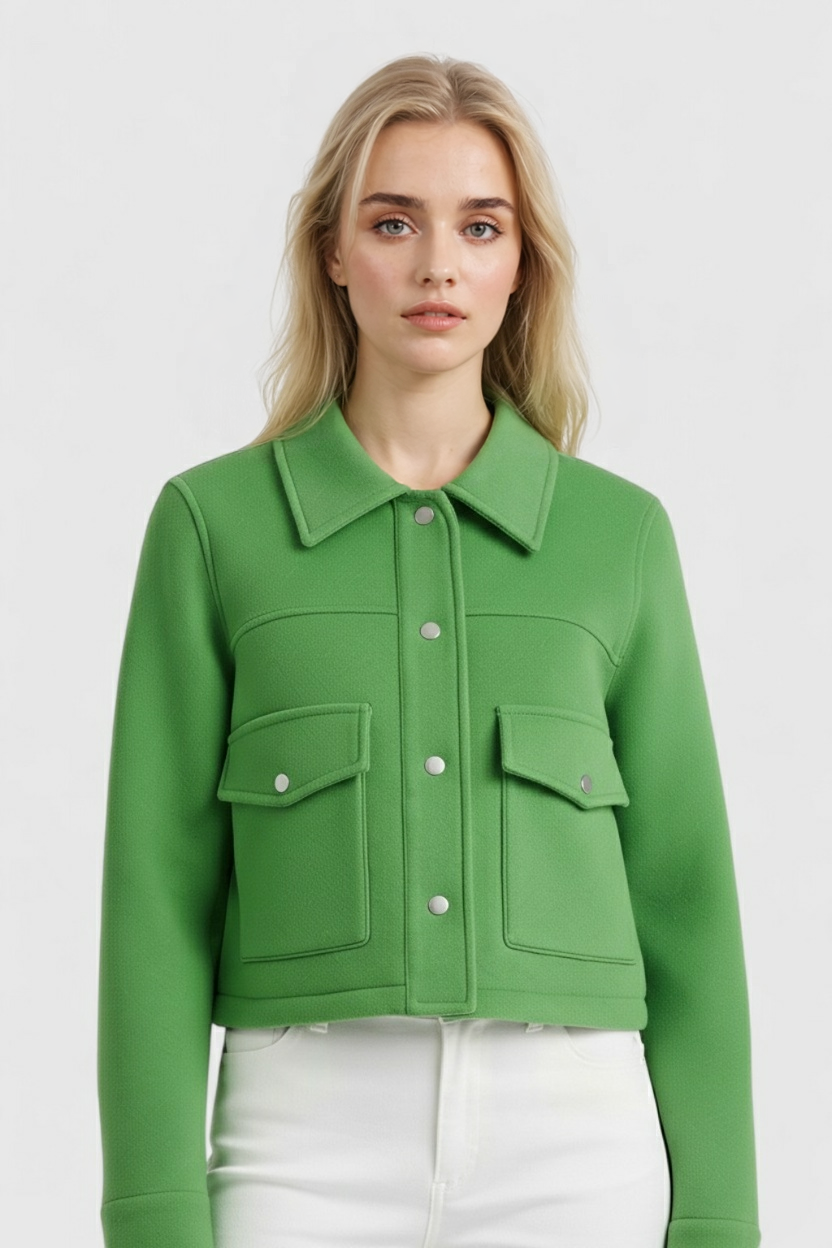 Elegant green Lumina Wear Victoria long sleeve jacket with button closure, stylish and tailored for a sophisticated look.