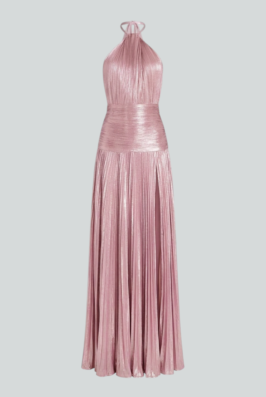 Elegant metallic pink Victoria dress by Lumina Wear, featuring a versatile cut and stylish design for women's fashion.