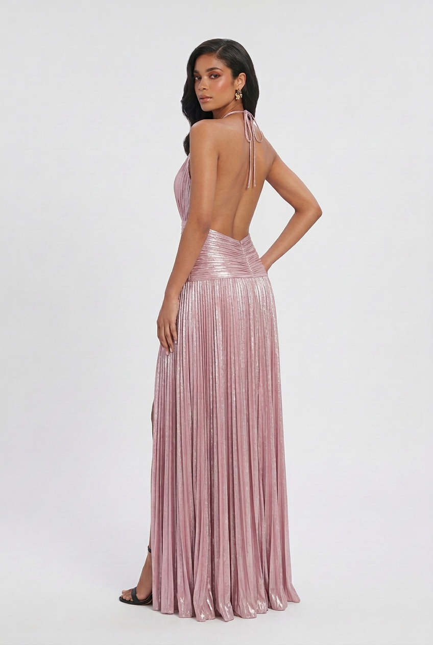 Elegant metallic pink Victoria dress by Lumina Wear, featuring a versatile cut and stylish design for women's dresses.