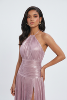 Elegant metallic pink Victoria dress by Lumina Wear, featuring a versatile cut, perfect for women's fashion occasions.