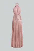 Elegant metallic pink women's dress by Lumina Wear featuring a versatile cut and stylish design, perfect for special occasions.