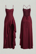 Wine red Victoria midi dress by Lumina Wear featuring an elegant lace-up back and sophisticated design for women.