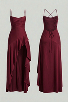 Wine red Victoria elegant midi dress with lace-up back, styled for women by Lumina Wear.