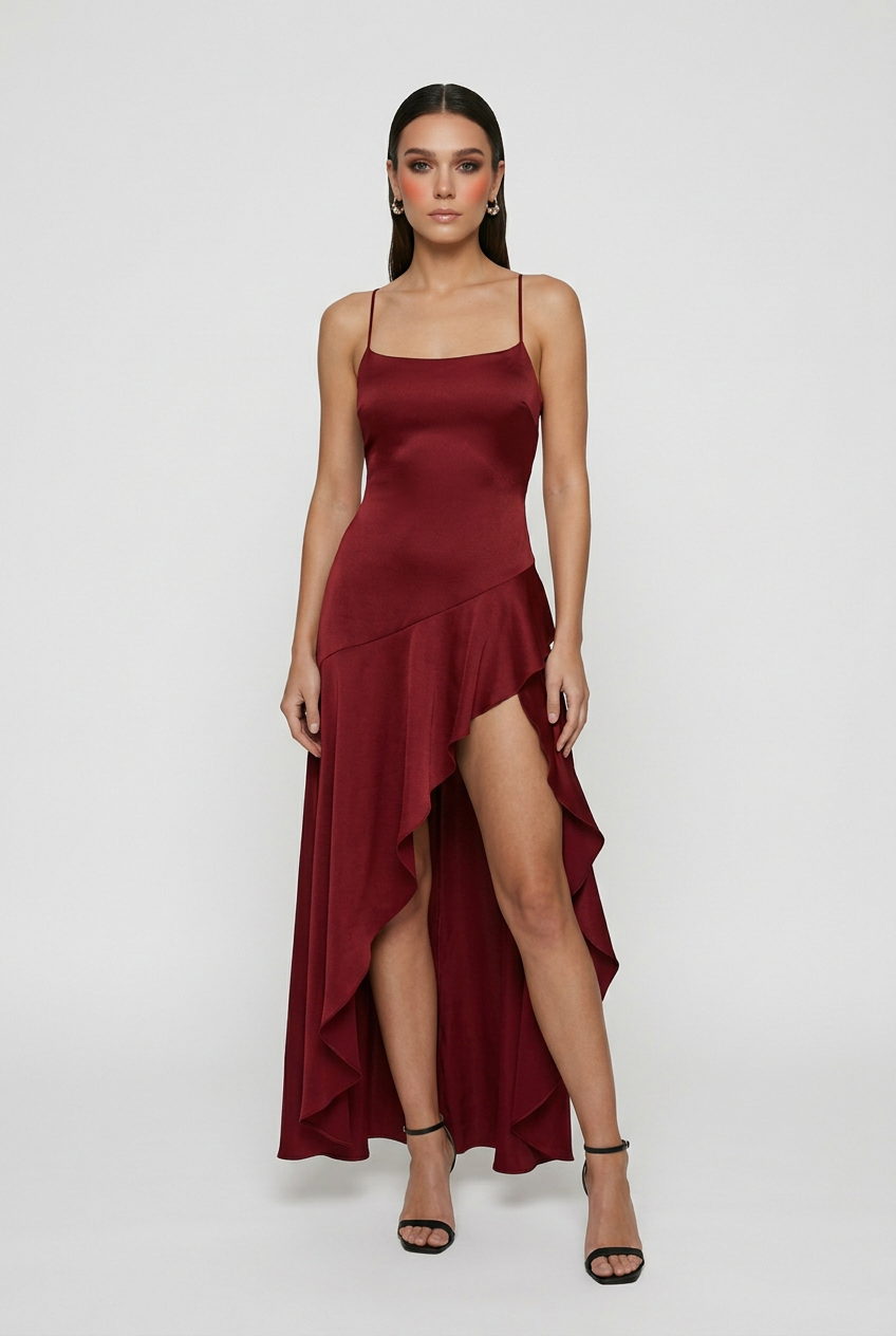 Wine red Victoria midi dress by Lumina Wear with a lace-up back, elegant design, perfect for women's fashion and special occasions.