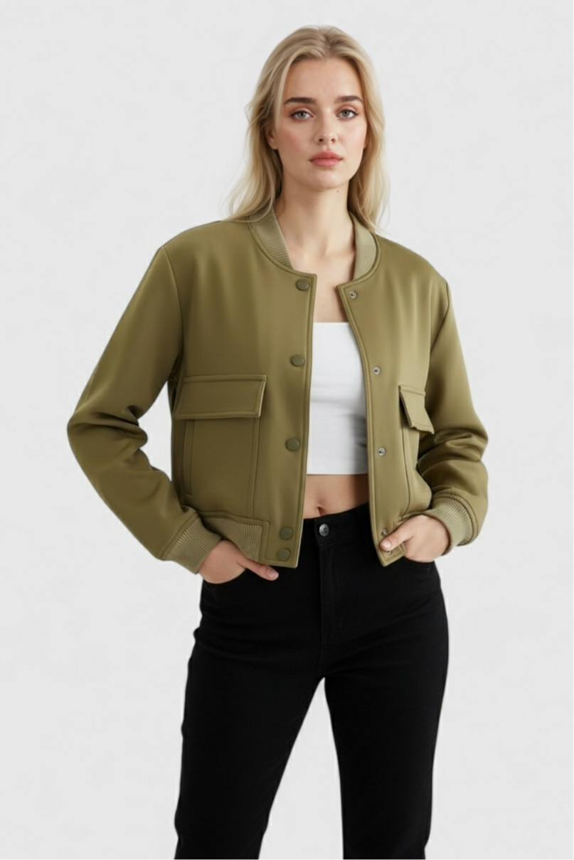 Lumina Wear Victoria military green bomber jacket with a comfortable fit, stylish design, and lightweight fabric.