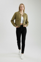 Victoria Lumina green military-style bomber jacket with a comfortable fit, featuring a sleek design and stylish details.