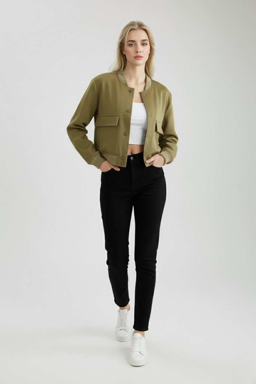 Victoria Lumina green military-style bomber jacket with a comfortable fit, featuring a sleek design and stylish details.