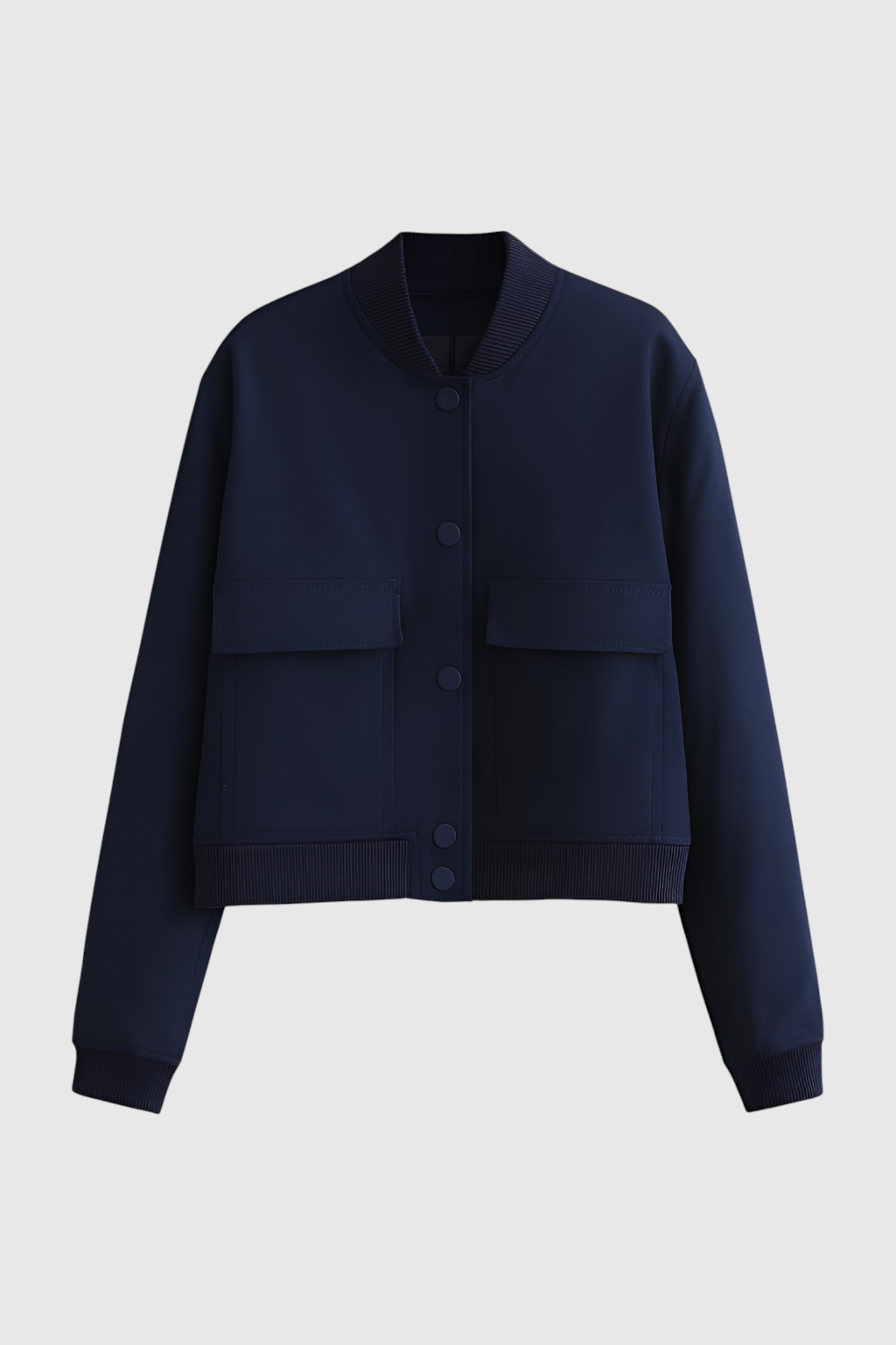 Elegant navy bomber jacket by Lumina Wear featuring timeless design, displayed on a mannequin with zip details and ribbed cuffs.