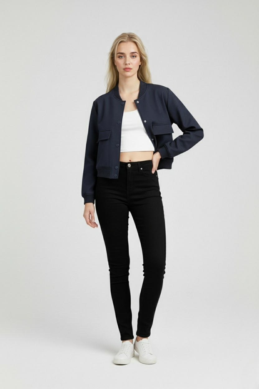 Elegant navy bomber jacket by Lumina Wear featuring timeless design, shown on a model with a classic fit and stylish details.