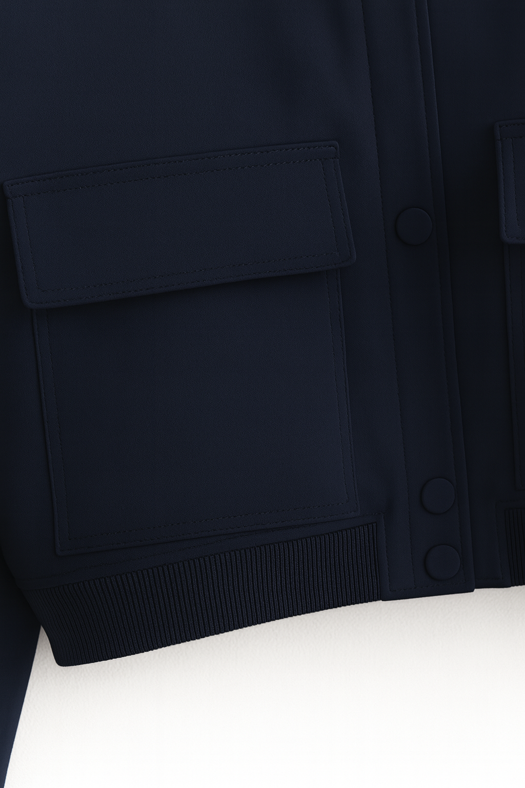 Elegant navy bomber jacket by Lumina Wear featuring timeless design, shown on a model with a stylish casual look.