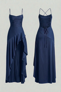 Elegant navy dress by Lumina Wear featuring a lace-up back, perfect for formal occasions and stylish evening wear.