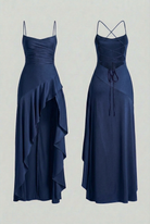 Elegant navy women's dress by Lumina Wear featuring a lace-up back and tailored fit, perfect for stylish occasions.