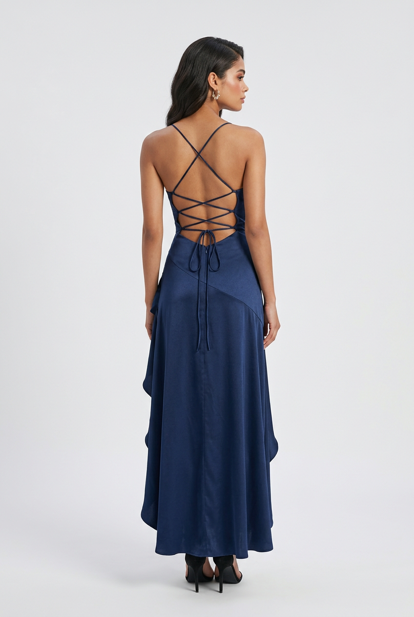Victoria navy dress by Lumina Wear featuring an elegant design and lace-up back, perfect for stylish women's dresses.