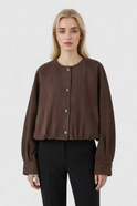 Elegant Lumina Wear Victoria O-neck jacket with long sleeves and pockets, in coffee color, designed for women.