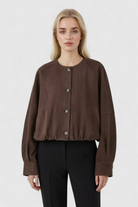 Lumina Wear Victoria women's coffee-colored O-neck jacket with long sleeves and front pockets, stylish outerwear for women.