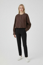 Lumina Wear Victoria elegant coffee-colored women's jacket with O-neck, long sleeves, and pockets, stylish and versatile outerwear.