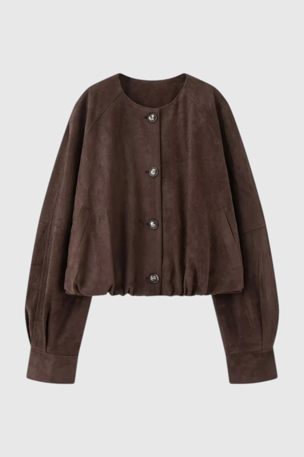 Victoria women's elegant o-neck jacket by Lumina Wear with long sleeves and pockets in coffee color.