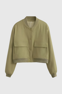 Olive green Victoria bomber jacket by Lumina Wear featuring a timeless design, stylish collar, and fitted silhouette.