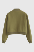 Olive green Victoria bomber jacket by Lumina Wear featuring a timeless design and casual fit, stylishly displayed on a mannequin.