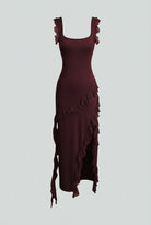 Lumina Wear Victoria open-back maxi dress in brown, featuring an elegant silhouette and flowing design for stylish occasions.
