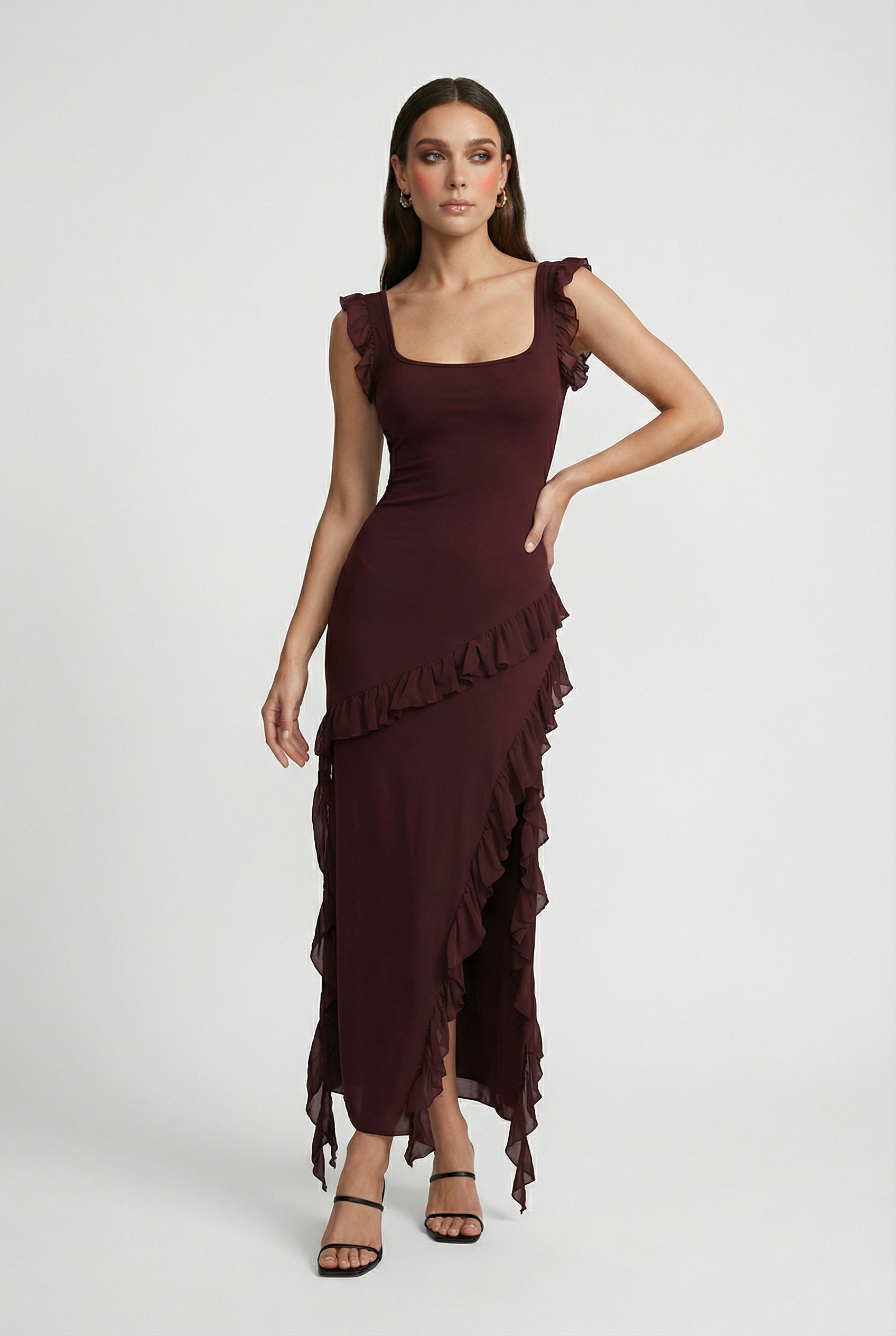 Elegant open-back Victoria maxi dress by Lumina Wear featuring a flattering silhouette in brown, perfect for formal occasions.