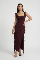 Elegant open-back Victoria maxi dress by Lumina Wear featuring a flattering silhouette in brown, perfect for formal occasions.
