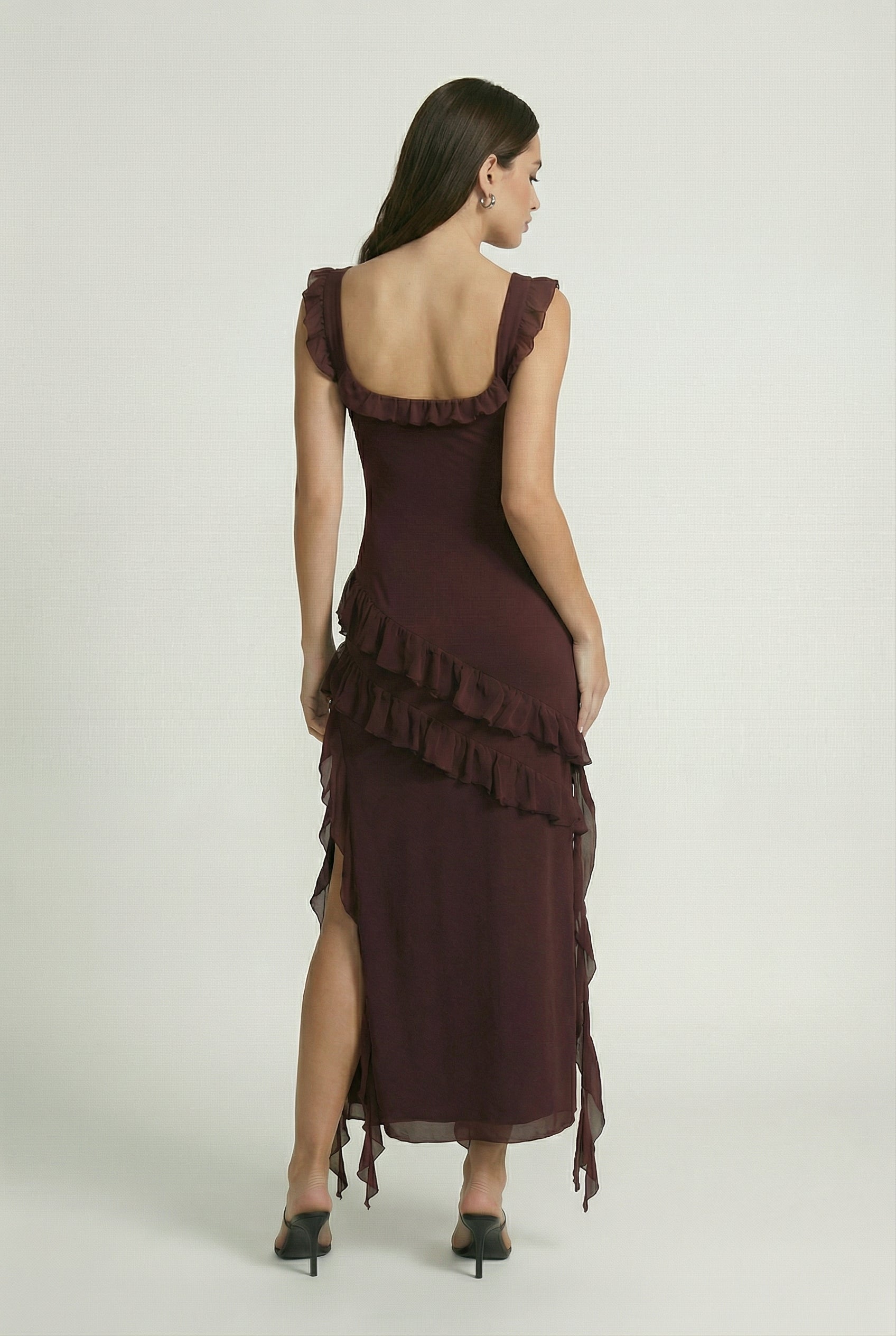 Victoria Lumina Wear elegant open-back maxi dress with flattering silhouette, brown color, perfect for stylish occasions.