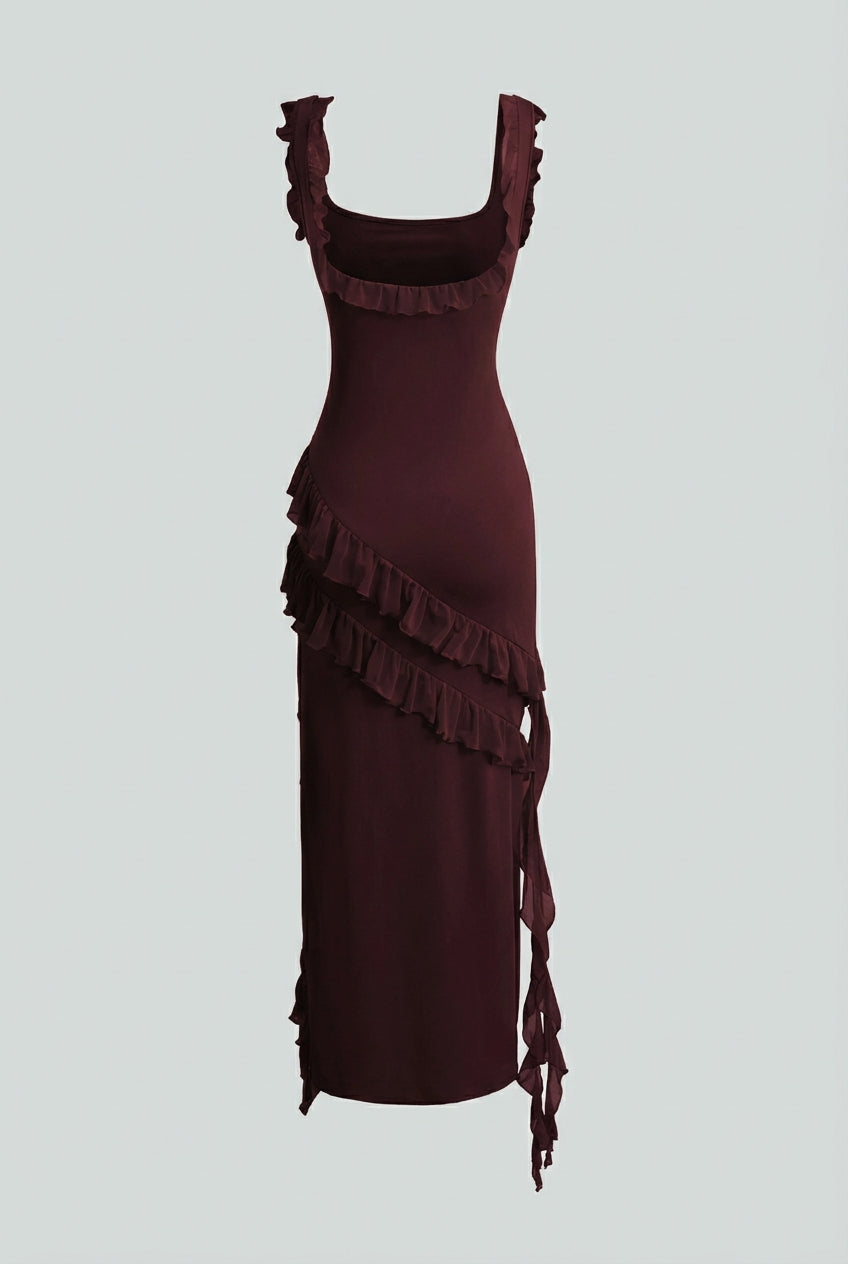 Lumina Wear Victoria maxi dress with elegant open-back design and flattering silhouette in brown, perfect for stylish occasions.