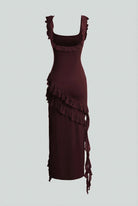 Lumina Wear Victoria maxi dress with elegant open-back design and flattering silhouette in brown, perfect for stylish occasions.