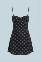 Black Victoria open-back polka dot mini dress with frill hem, elegant women's dress by Lumina Wear, size XS.