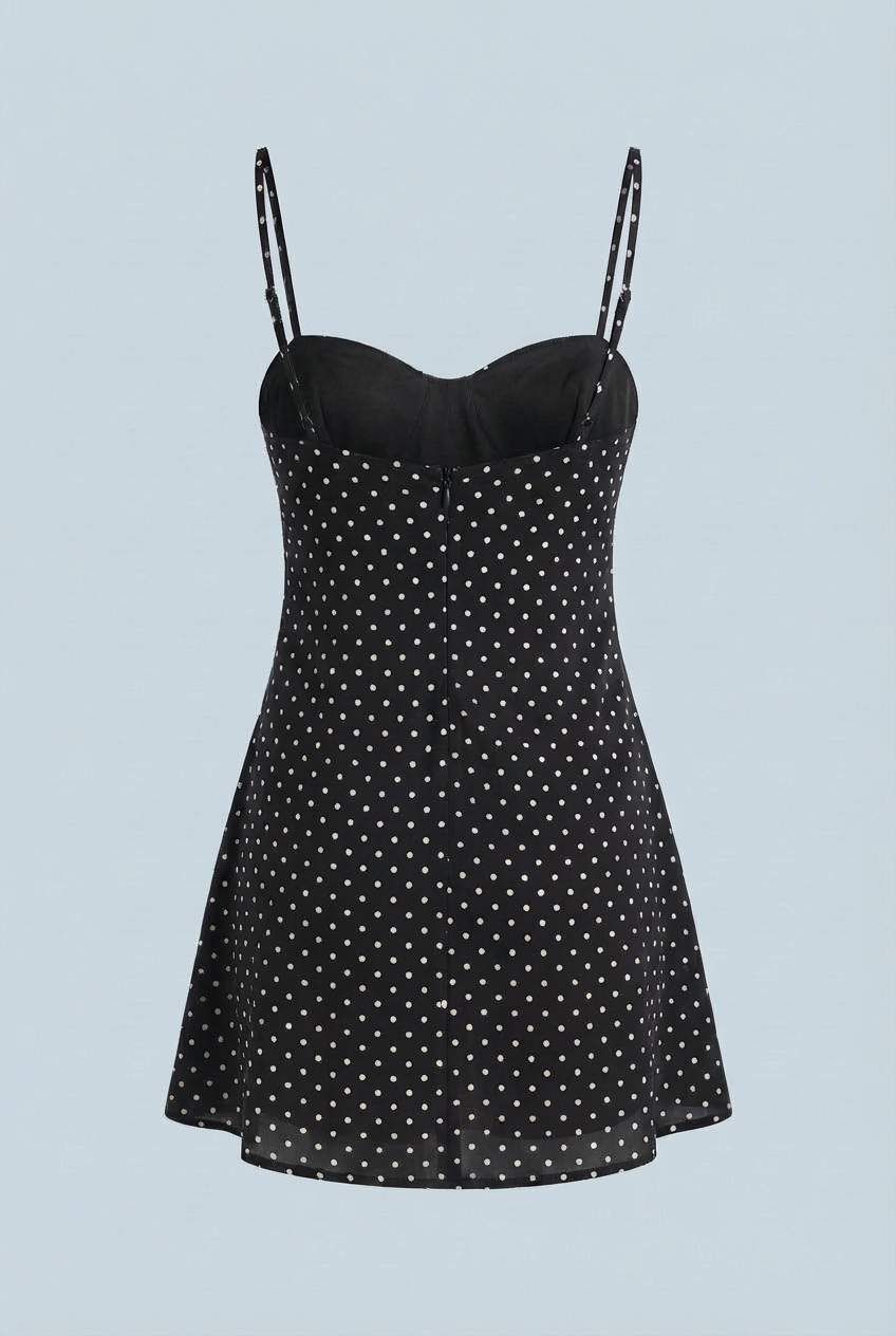 Black Victoria open-back polka dot mini dress with frill hem, stylish women's dress by Lumina Wear