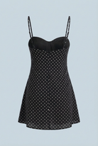 Black Victoria open-back polka dot mini dress with frill hem, stylish women's dress by Lumina Wear