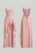 Elegant pink Victoria dress by Lumina Wear featuring an asymmetric hem and flowy design, perfect for stylish women.