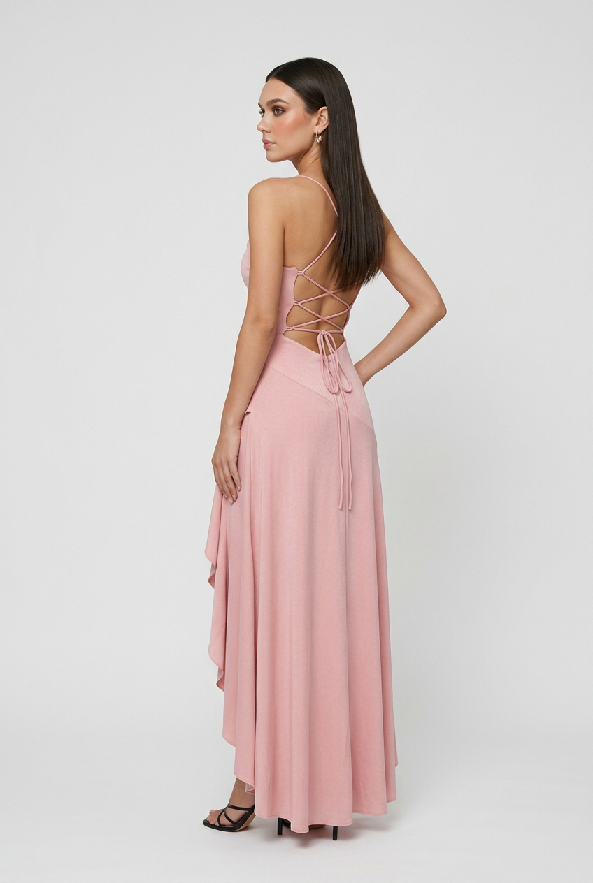 Elegant pink Victoria dress with asymmetric hem and flowy design, women's dress by Lumina Wear, perfect for stylish occasions.