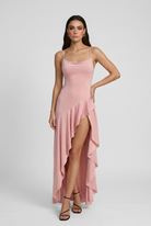 Pink Victoria women's dress by Lumina Wear featuring an asymmetric hem and flowy design, perfect for elegant occasions.