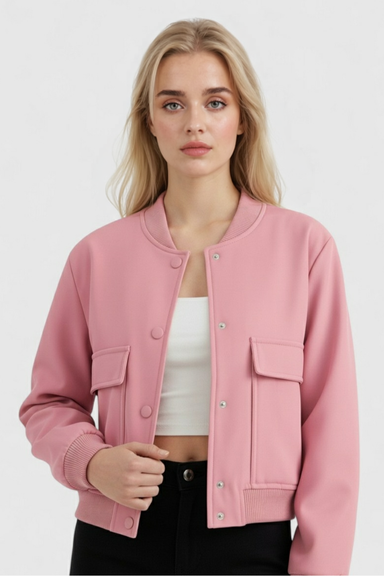 Elegant pink Lumina Wear bomber jacket with a timeless design, featuring a classic fit and stylish details.