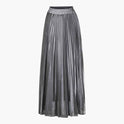 Elegant grey pleated maxi skirt for women by Lumina Wear, showcasing flowing fabric and stylish design.