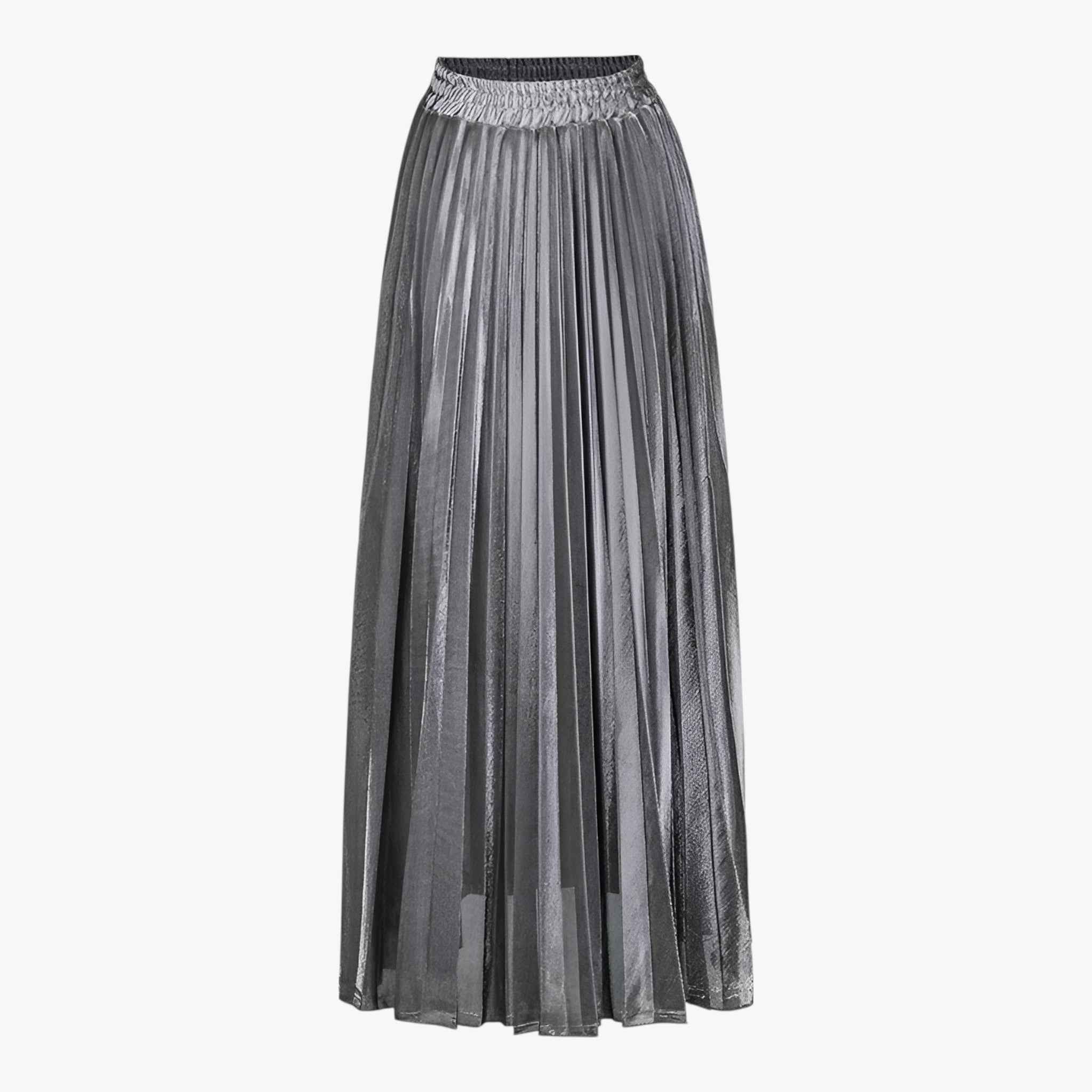 Elegant gold pleated maxi skirt for women by Lumina Wear, featuring flowing fabric and a stylish design.