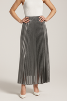 Victoria Lumina Wear pleated gold maxi skirt for women, flowing design with elegant pleats and a stylish gold finish.