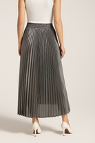 Gold pleated maxi skirt for women by Lumina Wear, featuring elegant pleats and a flowing design in the Victoria style.