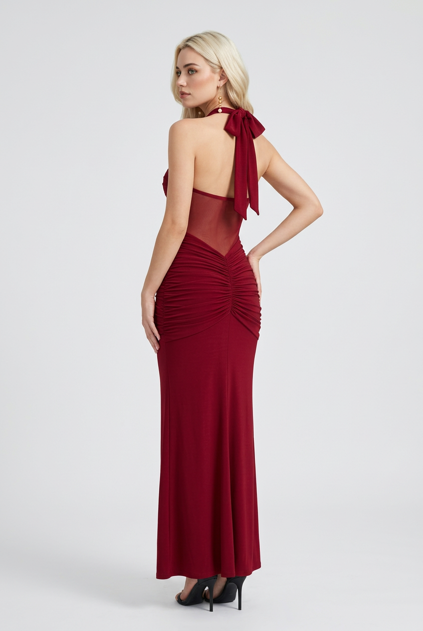 Victoria elegant red drape maxi dress by Lumina Wear, featuring flowing fabric and sophisticated style, perfect for special occasions.
