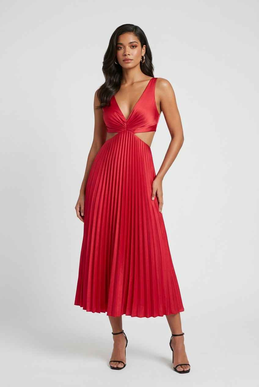Elegant red pleated midi dress by Lumina Wear, featuring a flattering fit and stylish design, worn by a model showcasing its silhouette.