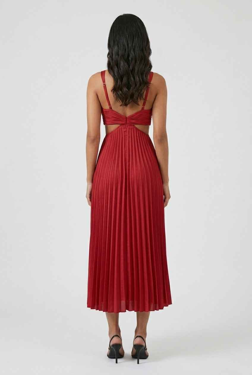 Elegant red pleated midi dress by Lumina Wear, featuring a flattering fit and sophisticated style perfect for special occasions.