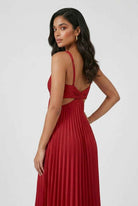 Victoria red pleated midi dress by Lumina Wear, featuring a flattering fit and elegant design, shown on a model.