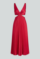 Elegant red pleated midi dress by Lumina Wear featuring a flattering fit and stylish design, perfect for sophisticated occasions.