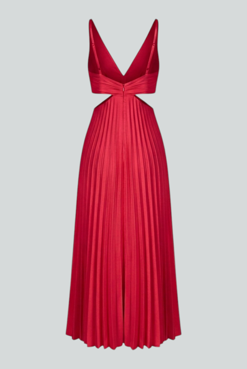 Elegant red pleated midi dress by Lumina Wear, showcasing a flattering fit and stylish design in a full-length view.