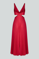 Elegant red pleated midi dress by Lumina Wear, showcasing a flattering fit and stylish design in a full-length view.