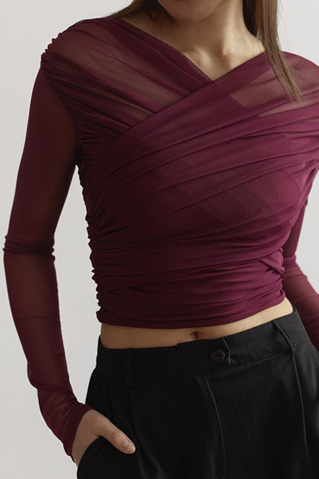 Victoria Lumina Wear burgundy ruched mesh blouse with long sleeves, stylish and elegant for fashionable women.