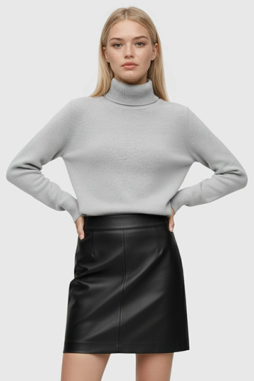 Lumina Wear Victoria gray slim fit turtleneck sweater with velvety texture, showcasing a stylish and cozy sweater for women.