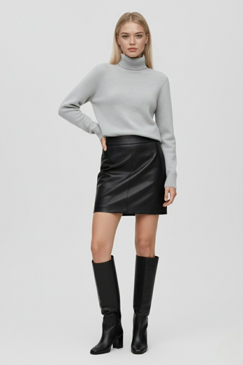 Lumina Wear Victoria gray slim fit turtleneck sweater with velvety texture, showcasing a stylish and cozy sweater for women.